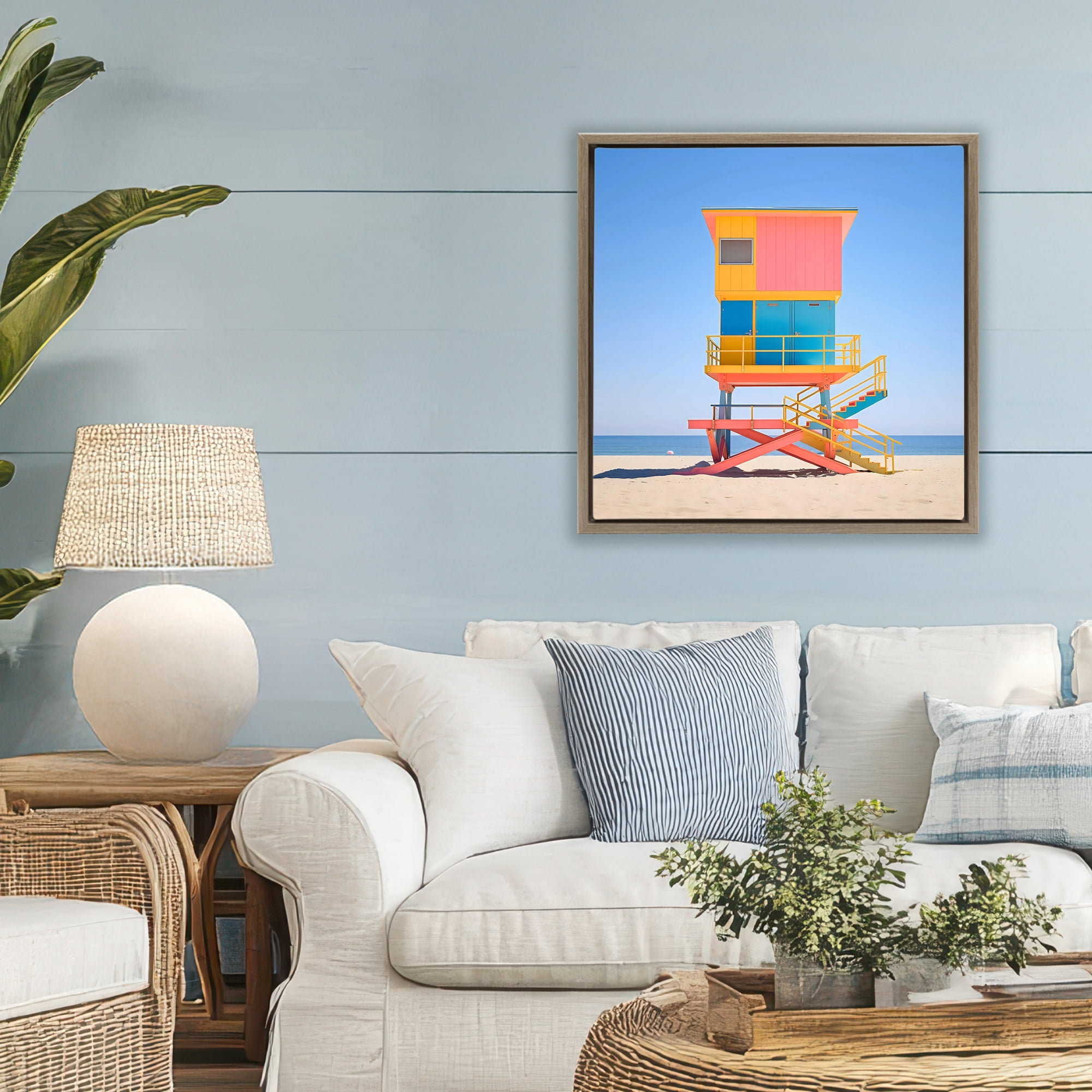 Stupell Industries Deco Lifeguard Tower on Beach Brown Framed Floater Canvas Wall Art, design by Creative Studio