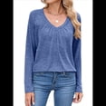 thumbnail image 2 of Camisetas de Larga para Mujer, Cuello en V, Suaves, Básicas, Holgadas, Informales, Moda de Otoño. Azul XXL, 2 of 10