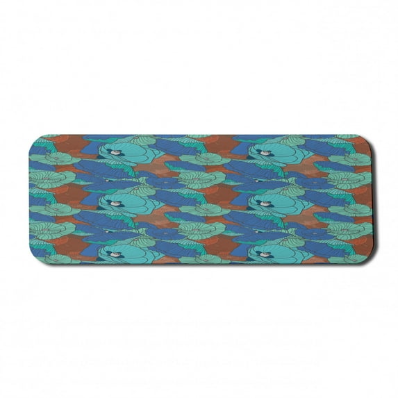 Flowers Computer Mouse Pad, Botanical Theme Floral Patterns Along Poppy Motifs Natural Artwork, Rectangle Non-Slip Rubber Mousepad Large, 31" x 12" Gaming Size, Sea Blue and Turquoise, by Ambesonne