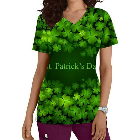 

Women s Medical Scrub Top St. Patrick s Day Lucky Shamrock Graphic Tee Shirts Summer Casual V Neck Basic T Shirt