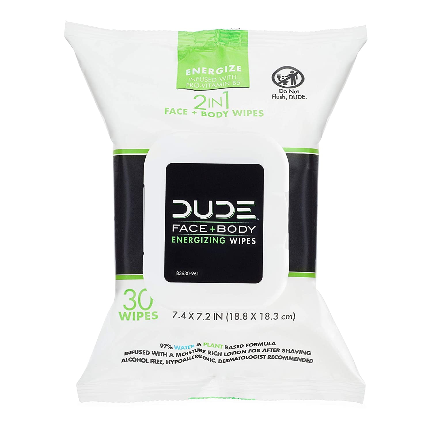 DUDE Wipes Cleansing Wipes, 2-in-1 Face and Body Wipes, Energizing, 30 Count
