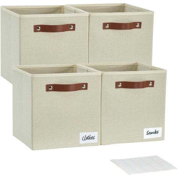 Collapsible Fabric Storage Cube Bins with 2 Reinforced PU Handles, Foldable Storage Organizer Baskets for Closet, Shelves, Living Room | 11"x11"x11", 4 Pack, Gray & White