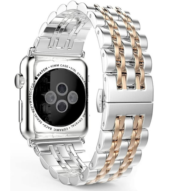 BAMAIA Compatible With Apple Watch Strap, Strong Stainless Steel Metal Replacement Strap Bracelet, Suitable For Apple Watch3 (Ls 42mm Silver/Rosegold)