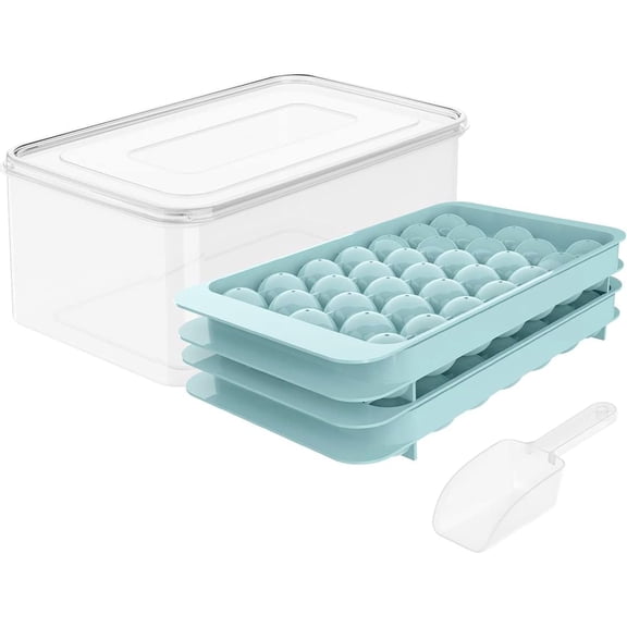 WIBIMEN Ice Cube Tray for Freezer with Lid & Bin, 1"x66 Round Ice Cube Mold with Container, Small Circle Ice Cube Tray Making Sphere Ice Chilling Cocktail Tea Coffee (2 Trays 1 Ice Bucket & Scoop)