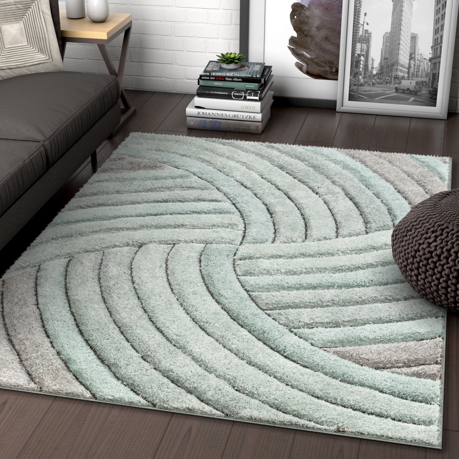 Well Woven San Francisco Ucci Blue Modern Shag Geometric Stripes 9'3" x