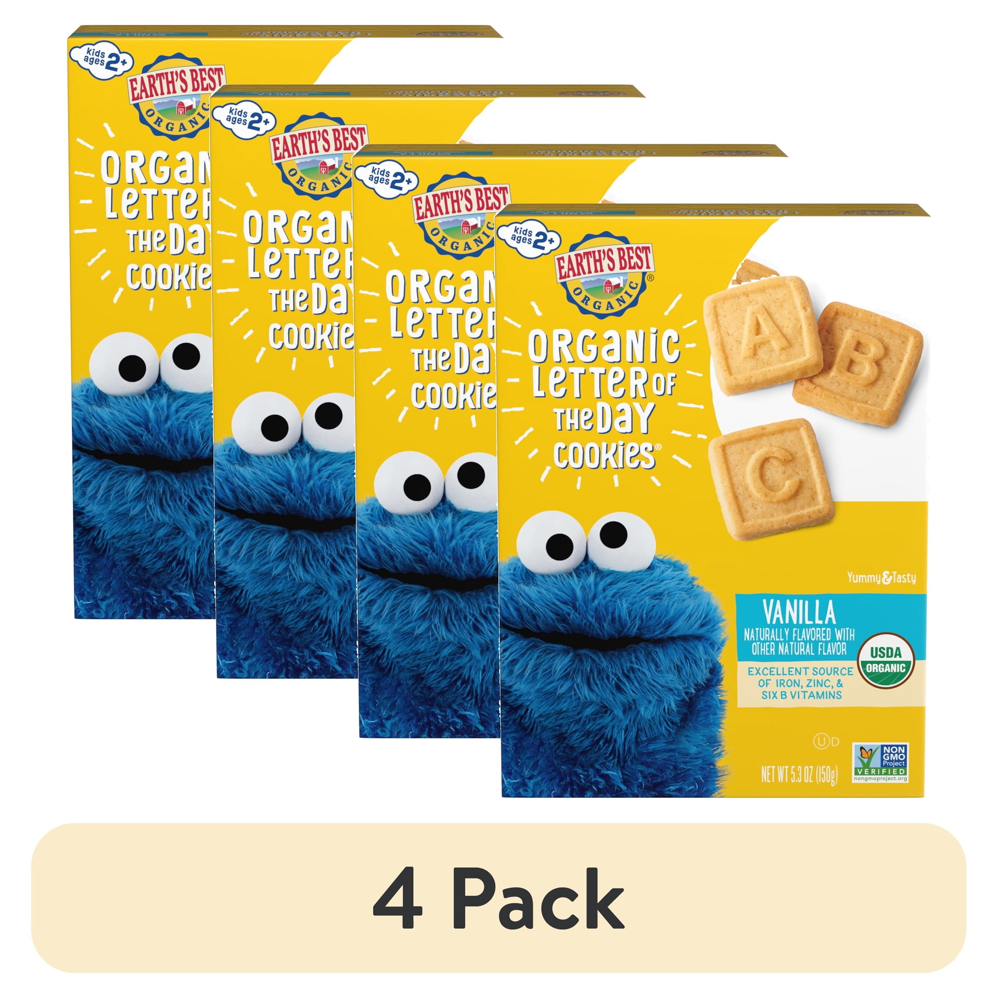 (4 pack) Earth's Best Organic Letter of the Day Toddler Snack Vanilla Cookies, 5.3 oz