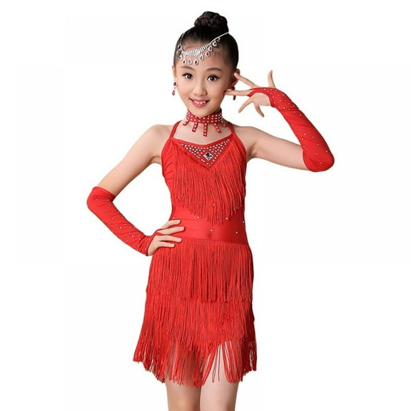 Girl Latin Dancewear Fringed Dance Dress Latin Salsa Performance Outfits Belly Wear