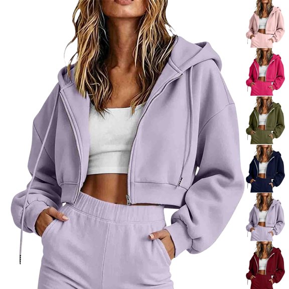 QINGFSAP Womens Short Zip Hoodie Long Sleeve Casual Fall Winter Cropped Sweatshirt