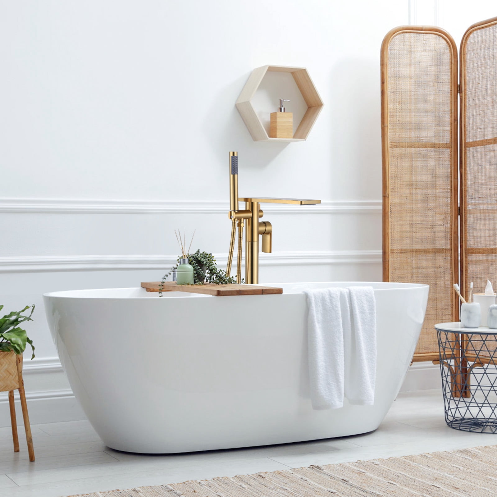 Wowow Brass Freestanding Bathtub Faucet Single-Handle Floor Mount Claw Foot Tub Faucet with Hand Shower in Gold