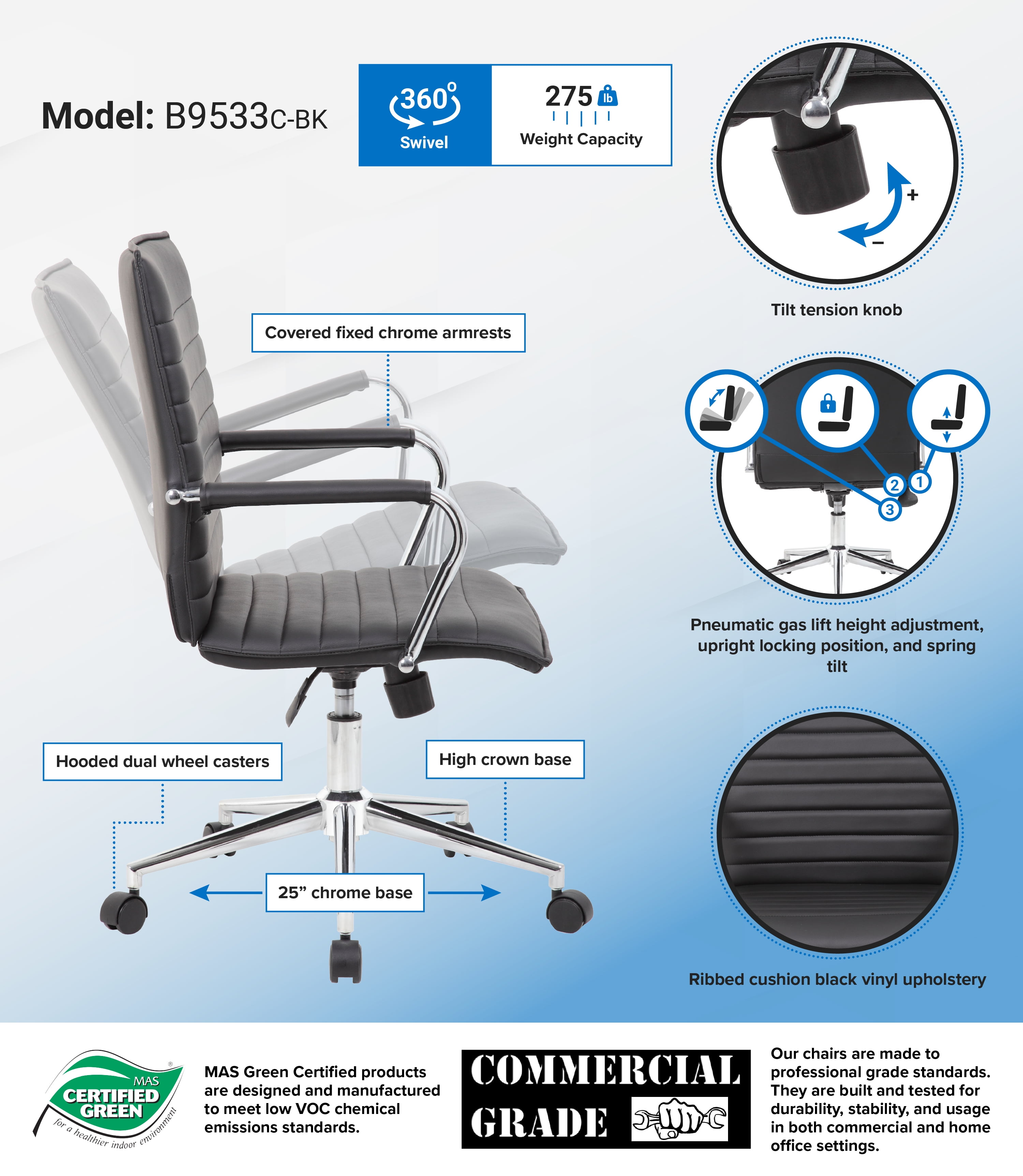 Boss Office Products Vinyl Hospitality Task Chair with Fixed Chrome Arms and Casters, Black