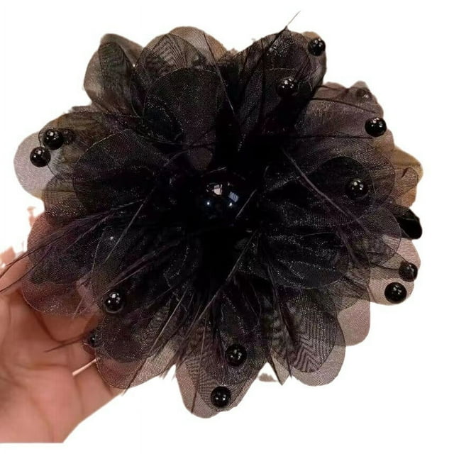 Cinta de flores de gasa artesanal, lazos con apliques de cuentas, decoración de boda (negro), pinzas en forma de garra para el pelo con cuentas, flor