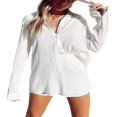 thumbnail image 2 of PENGXIANG Women‘s Spring Summer Outfit Sets Long Sleeve Lapel Button Shirt + Solid Color Drawstring Shorts, 2 of 6