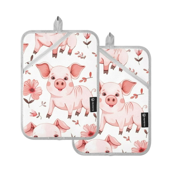 Cute Pig with Flower Oven Mitts 2 Pcs Pot Holders Sets Heat Resistant for Kitchen Cooking Baking 7"x9.8"