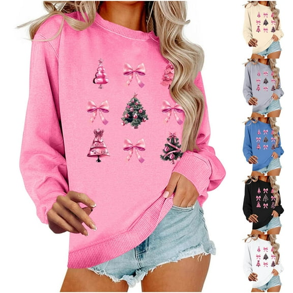 Frostluinai Christmas Sweatshirts for Women Funny Christmas Tree Xmas Cute Graphic Long Sleeve Sweat Shirt Womens Novelty Christmas Gifts
