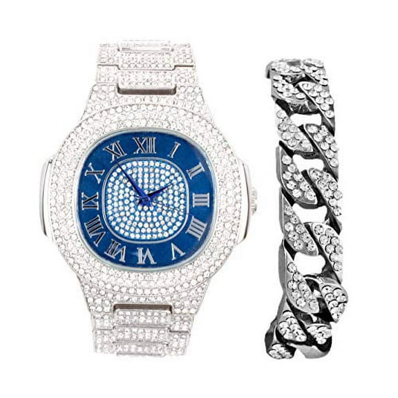 Bling-ed Out Cuban Bracelet with Oblong Iced Look Hip Hop Watch - 8475BC Cuban (Agua Blue ST10235SDR#C)