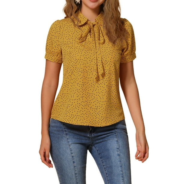 INSPIRAR CHIC Blusa de Chifón con Estampado Retro de Manga Corta y Cuello Peter Pan con Lazo S Amarillo
