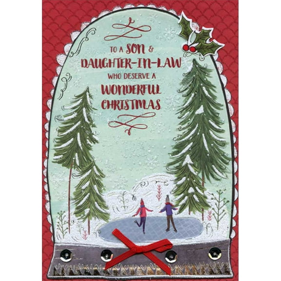 Designer Greetings 3D Tip On Snow Globe : Holly, Sequins, Red Ribbon : Couple Ice Skating on Pond Handcrafted Keepsake Son and Daughter-in-Law Christmas Card