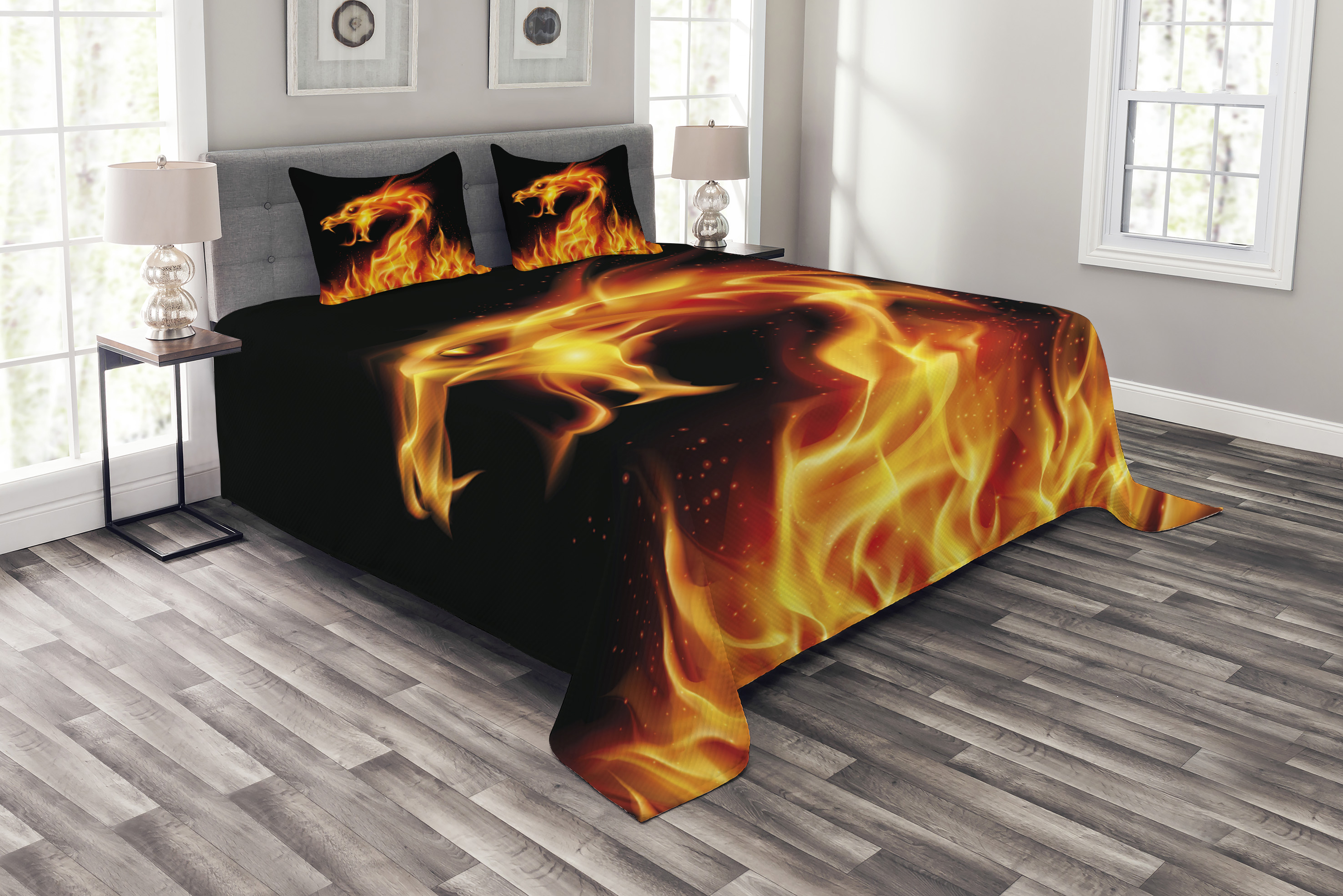 Dragon Bedspread Set King Size, Abstract Fiery Creature on Black