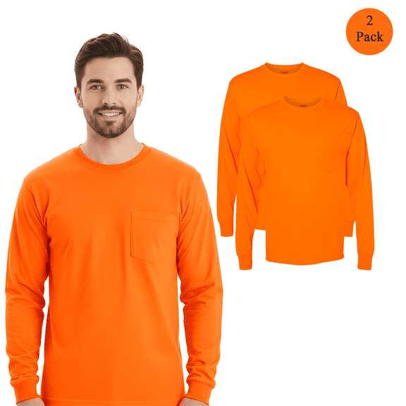 Hanes Men's Long Sleeve Pocket T-shirt, Hi Vis Safety Shirt for Work and Outdoor Use, Safety Orange, 2-Pack, 3XL