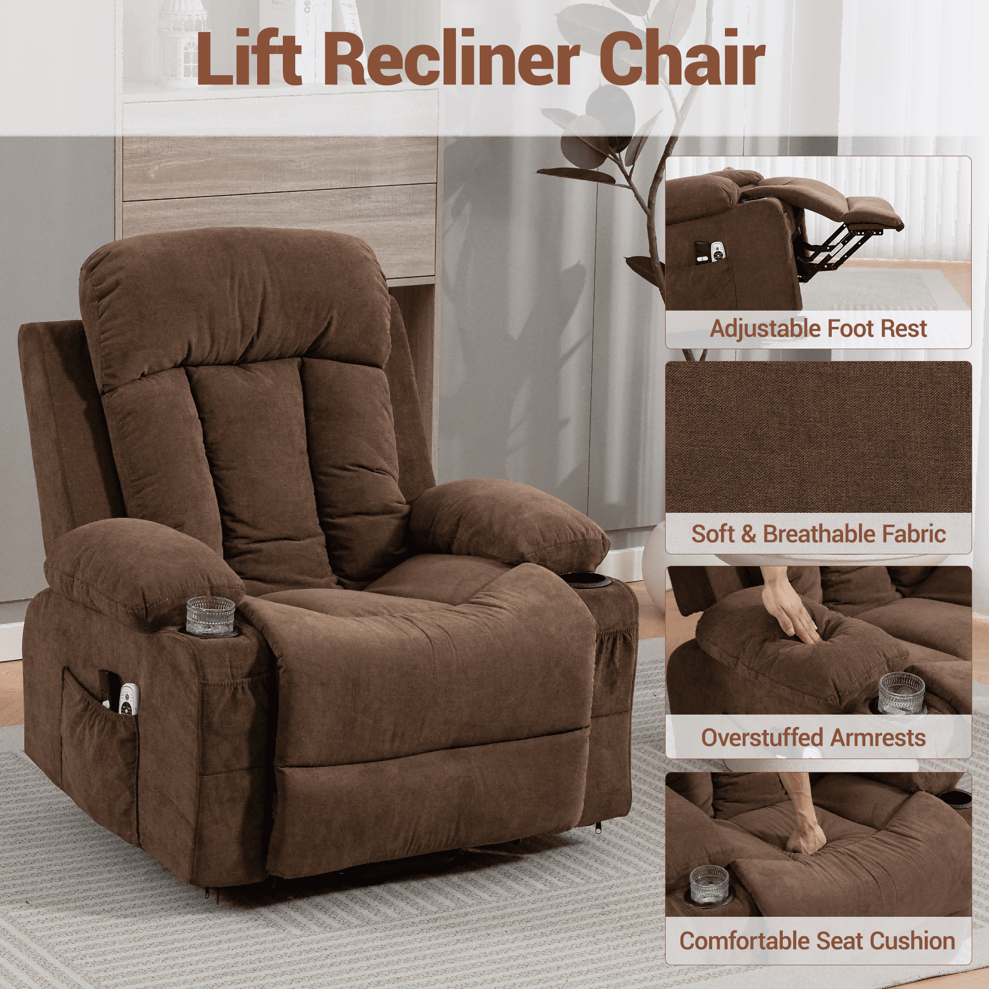 WENTUM Power Lift Recliner Chair for Elderly, Heat and Massage, Chair Side Pocket, USB Charge Port, Remote Control for Living Room, Brown