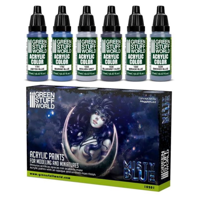 Green Stuff World Misty Blue Acrylic Paint Set, 6 Colors x 17ml for Miniatures & Models