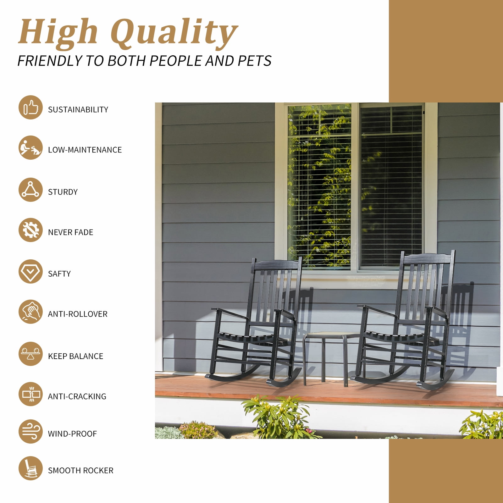 Outdoor Wood Rocking Chair, Wavy Backboard, Weatherproof Patio Rocker for Patio Garden Yard Balcony Poolside, Black