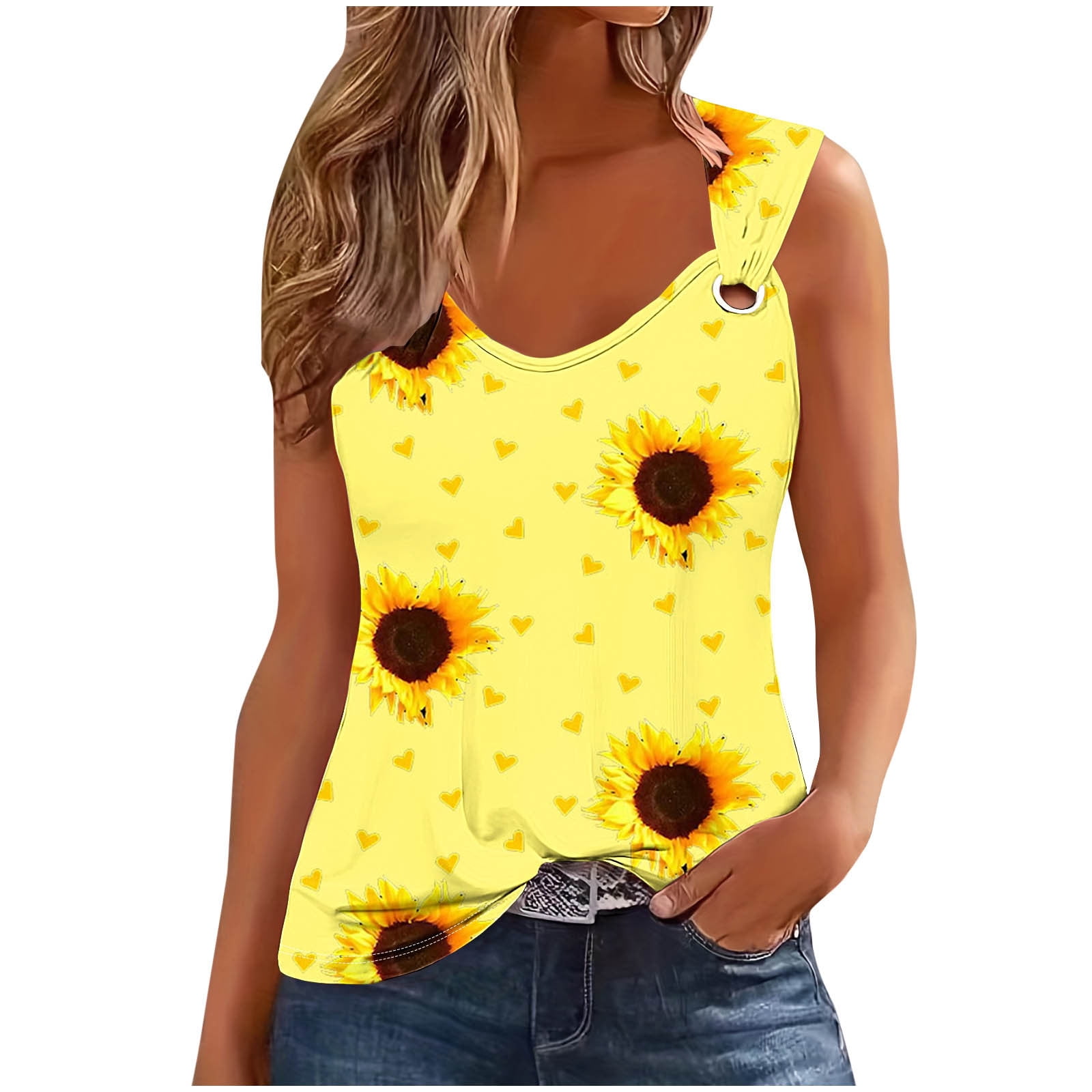 USSUMA Women's Printed Round Neck Casual Printed Sleeveless Suspender Top WOW finds Yellow XXL