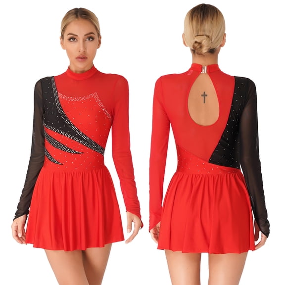 Aiihoo Women Rhinestone Figure Skating Dress Long Sleeve Lyrical Ballet Dance Dress Gymnastic Dancewear Red S