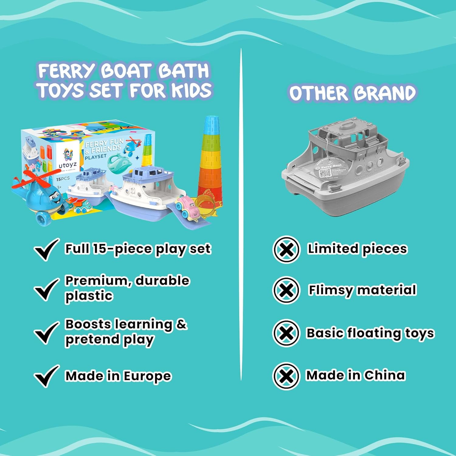 UTOYZ Ferry Fun and Friends Bath Toy Play Set for Toddlers 12 Months and up, 15 Piece
