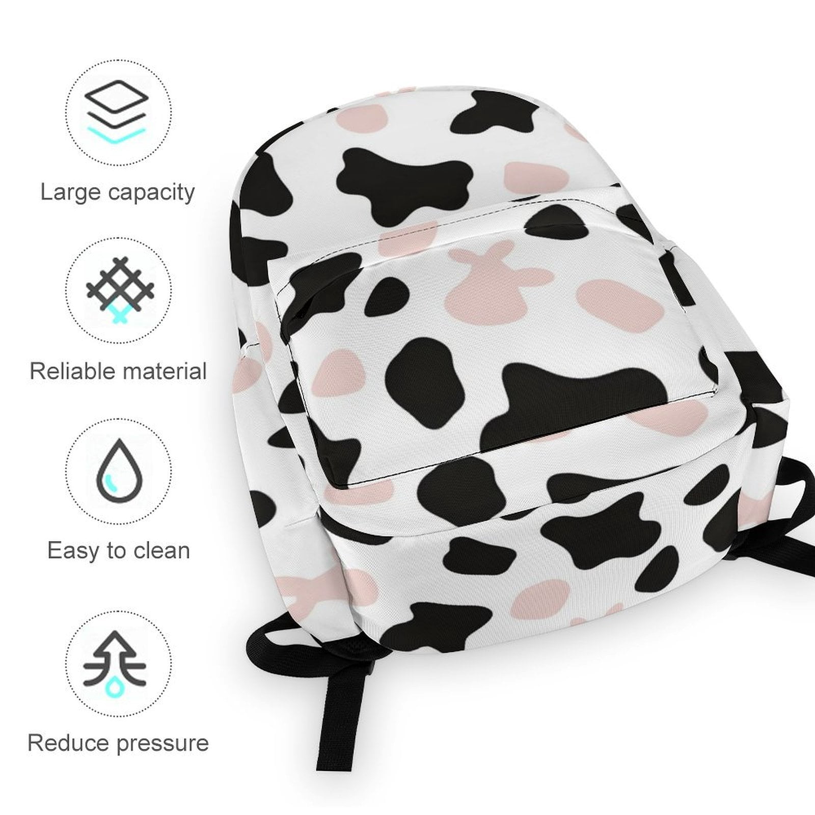 Large Capacity Half Print Backpack 11.8×16.5×5.9in Multifunctional Zipper Design Convenient Switch Simple Cow Print Pattern White Background, Pink And White_3