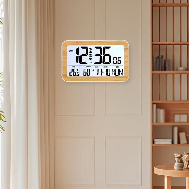 Reloj Despertador Digital Moderno con Función de Fecha Indicador de Temperatura Y Humedad Pantalla Grande Silenciosa Y Luz Nocturna Adecuado para Dorm H180H marrón claro