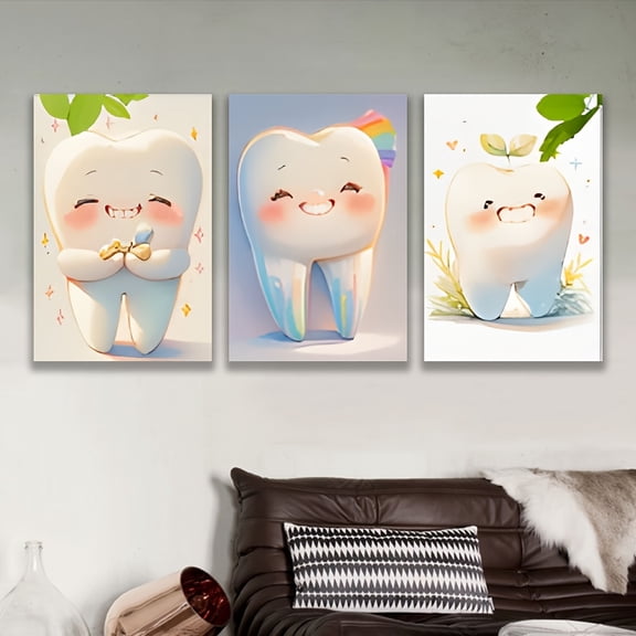 2D Flat 3pcs Frameless Tooth-Shaped Wall Art with Rainbow & Sparkles - Cute Cartoon Dental Design for Home Decor, Ideal for Mother'S Day, Birthday, Father'S Day Gifts, Indoor Wall Decor|Playful Desi