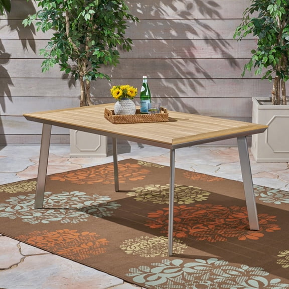 Leeds Outdoor Dining Table with Faux Wood Top and Rust-Proof Aluminum Frame for Patio or Backyard Seating 6