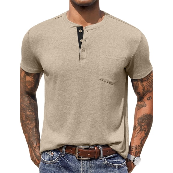 COOFANDY Men Short Sleeve Casual T Shirt Basic Solid Button Henley Daily Shirt with Pocket