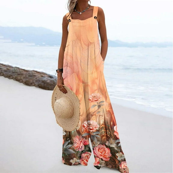 Homenesgenics Womens Jumpsuits Summer Women's Printed Jumpsuit Casual Button Pocket Sleeveless Wide Leg Trousers Orange XL