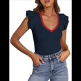 thumbnail image 3 of Camiseta de Verano para Mujer, con Cuello en V, Volantes, Sin Mangas, Corte Entallado, Azul Marino, Talla L, 3 of 7