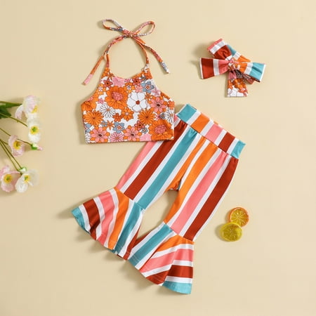 

2Pcs Baby Girls Outfit Clearance Toddler Kids Baby Girls Fashion Cute Flower Print Ruffles Vest Flared Pants Hairband Suit