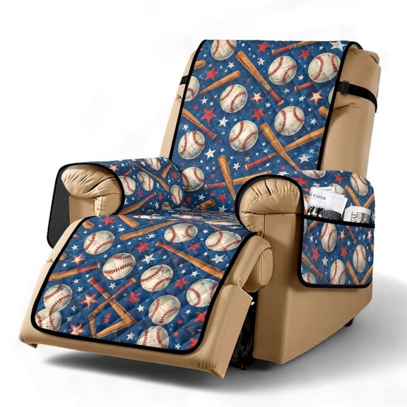 TSOVTHRID Baseball Bat Star Print Non Slip Recliner Chair Covers, Sofa Slipcover for Reclining Chair with Storage Pockets, Washable Comfy Recliner Couch Slipcovers for Home