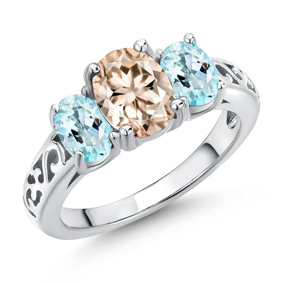 Gem Stone King 925 Sterling Silver Peach Morganite and Sky Blue Topaz Filigree Style 3 Stone Ring for Women (2.00 Cttw, Oval 8X6MM and 6X4MM) (Size 8)