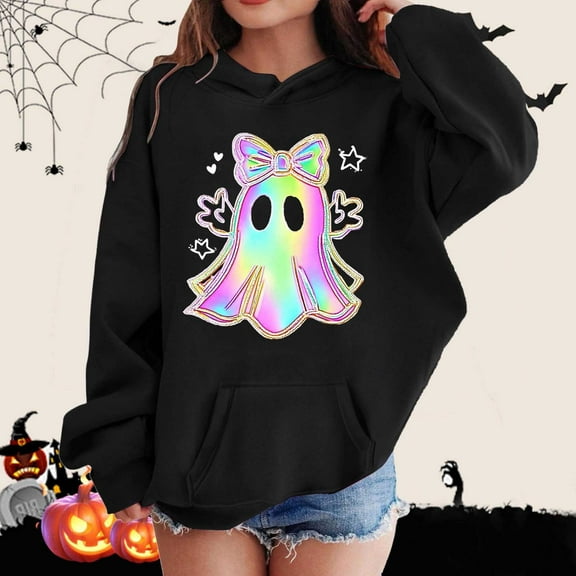 Hpapadks Hoodies for Girls Kids Print Hoodie Loose Long Sleeve Casual Sport Top Girls Sweatshirt Black 5-6 Years