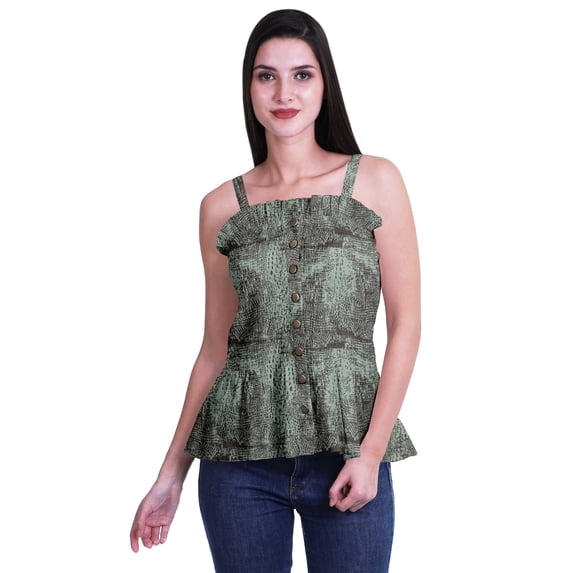 Moomaya Printed Casual Frill Smoked Full Buttoned Closure Women Fitted Crop Top