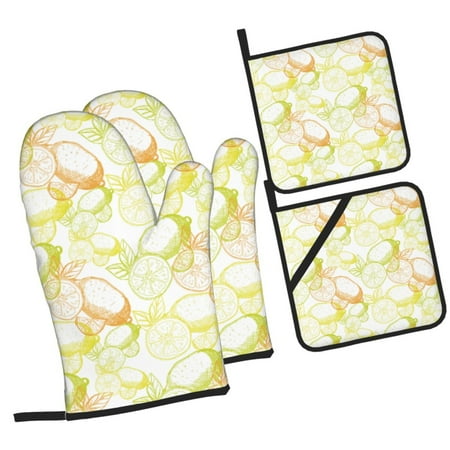 

Daiia Lemon Potatoes Pattern Oven Mitts and Pot Holders 4 pcs Set High Heat Resistant 500 Degree Extra Thicken Long Kitchen Cotton Oven Glove