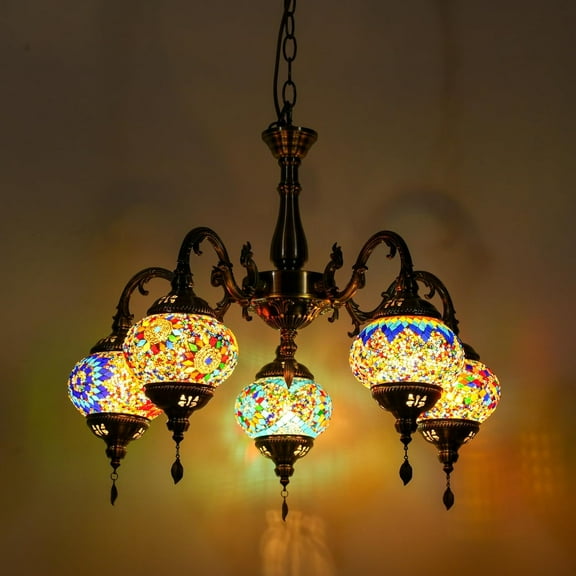 Turkish Moroccan Chandelier 5-Globes Pendant Hanging Light Exquisite Tiffany Style Mosaic Lamp for Home Ambient Lighting