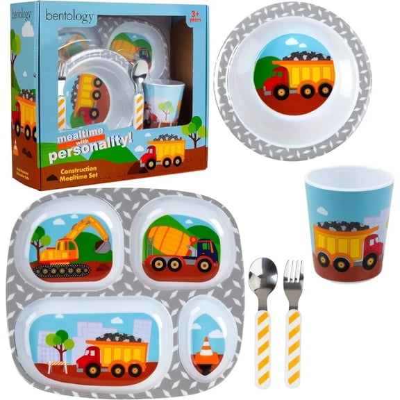 Bentology 5 Pc Construction Mealtime Set for Kids & Toddlers- Divided Plate, Bowl, Fork & Spoon - Dishwasher Safe, BPA Free- Cute Compartment Dish to Put Food in 4 Sections for Easy Self-Feeding