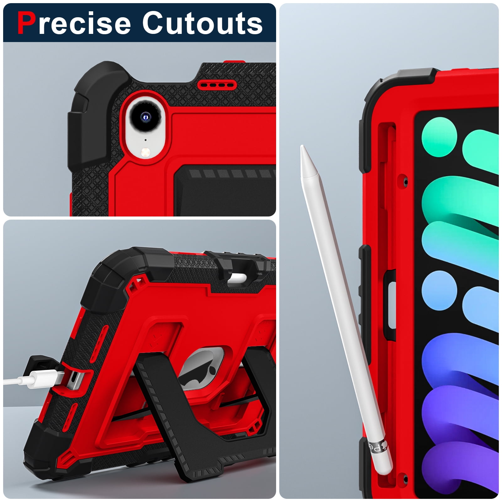 Dteck Case for iPad Mini 7 (A17 Pro) 2024 / Mini 6 2021 8.3 inch,Heavy Duty Kickstand Case with Shoulder Strap Shockproof Rugged Cover Built-in Pencil Holder for Pad Mini 7th/6th Gen 8.3",Black+Red