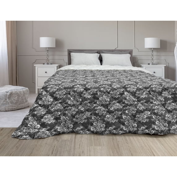 Damask Down Alternative Comforter, Natural Pattern in Blue and White Organic Garden Foliage Old Revival Leaves, Microfiber Quilt for All Season, 5 Sizes, Sky Blue White, by Ambesonne