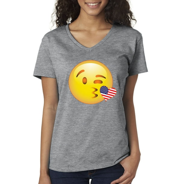 True Way True Way 473 Women S V Neck T Shirt Emoji Smiley Winking Kiss Usa Heart Flag 4th July Small Heather Grey Walmart Com Walmart Com