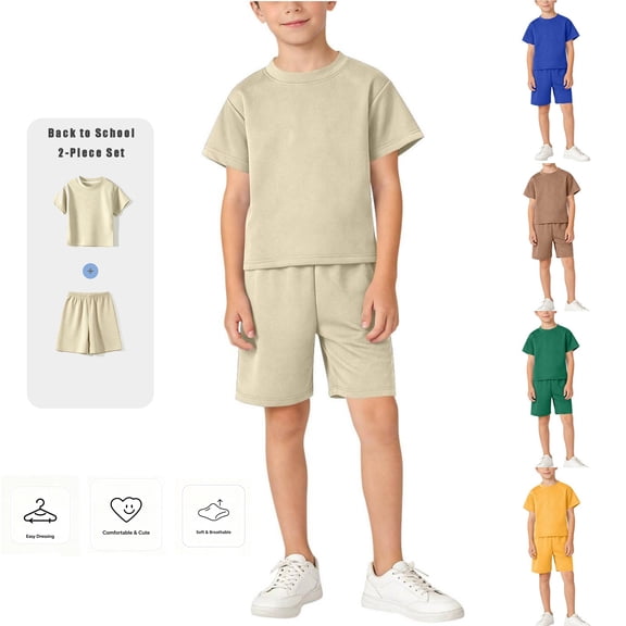 hoksml Boys' 2 Piece Outfit Crew Neck T-Shirt and Shorts Set Soft Knit Fabric Multi Color Casual Summer Clothes