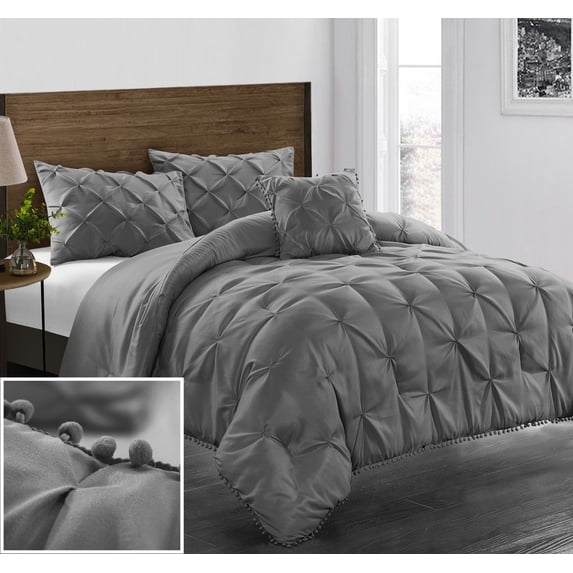 Evolive 4pc Set Pinch Pleat/Kiss Pleat, Pintuck Comforter Set with Pompom