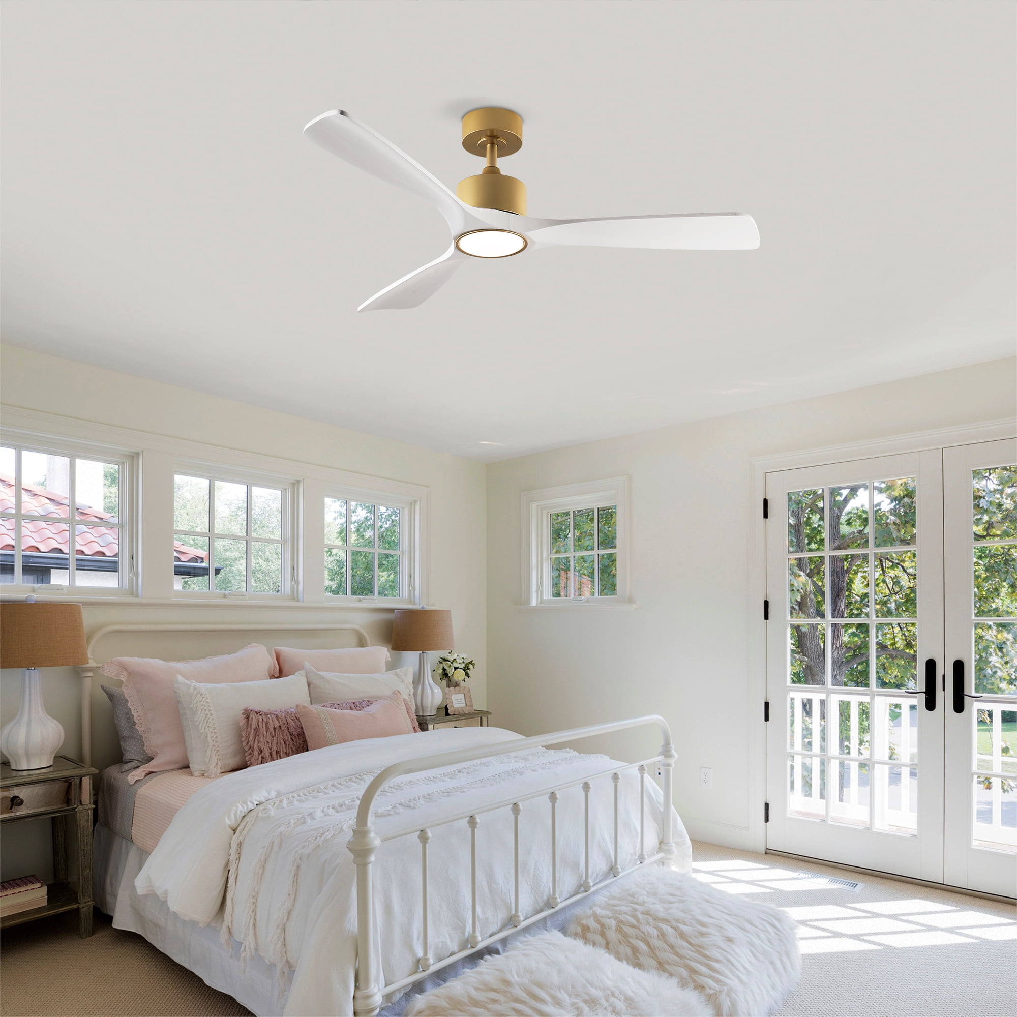 Ceiling Fan with Light, 52 Inch Solid Wood Blade Fan for Living Room Bedroom Home Decor, Gold White Walnut